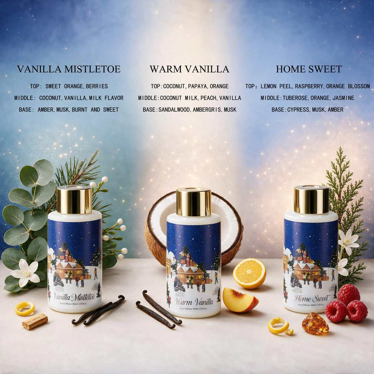 Airkeep Vanilla Mistletoe / Warm Vanilla / Home Sweet Gift Set 3 x 40ml Reed Diffuser