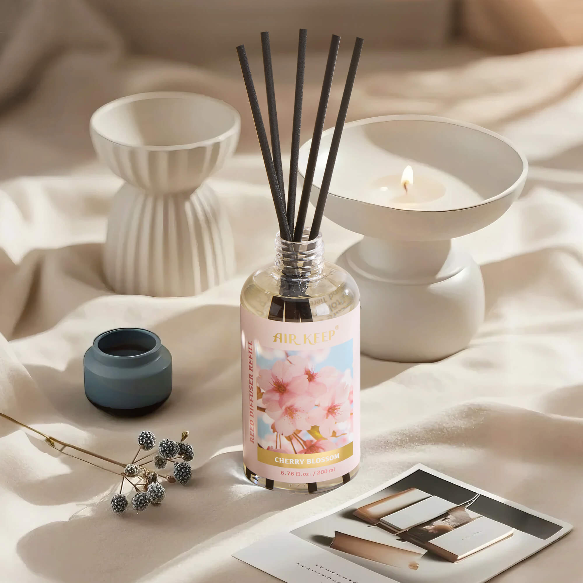 Airkeep Cherry Blossom Reed Diffuser Oil Refill with Diffuser Sticks