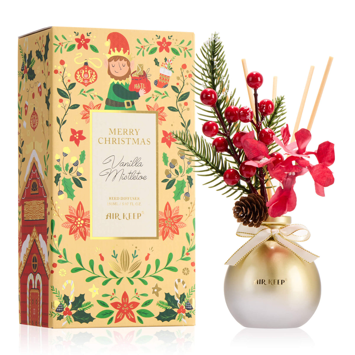 Airkeep Vanilla Mistletoe Christmas Round Bottle 150ml Reed Diffuser