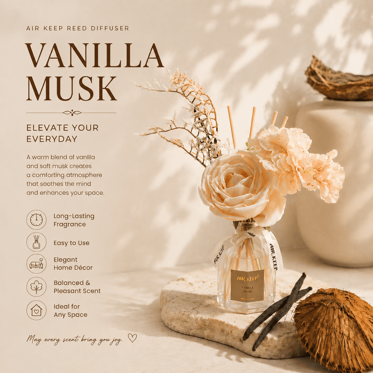 Airkeep Vanilla Musk Floral 120ml Reed Diffuser