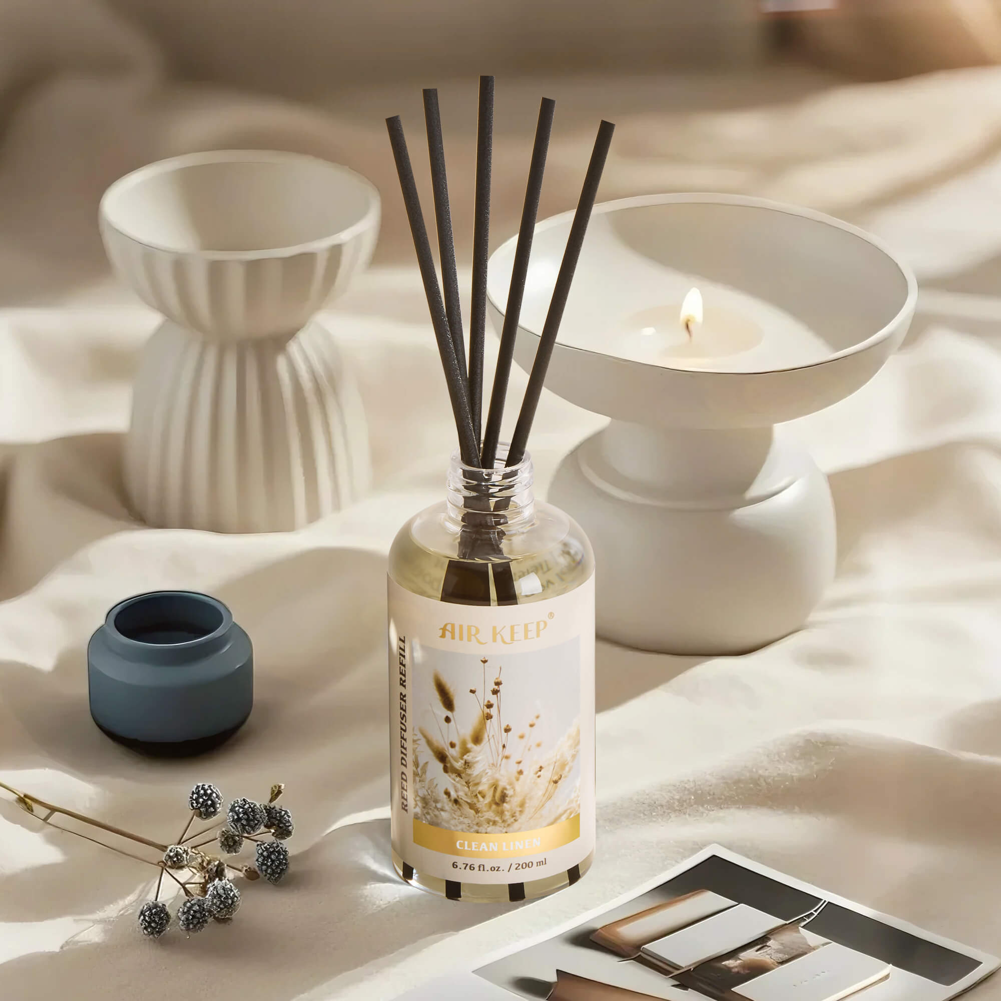 Airkeep Clean Linen  Reed Diffuser Oil Refill with Diffuser Sticks