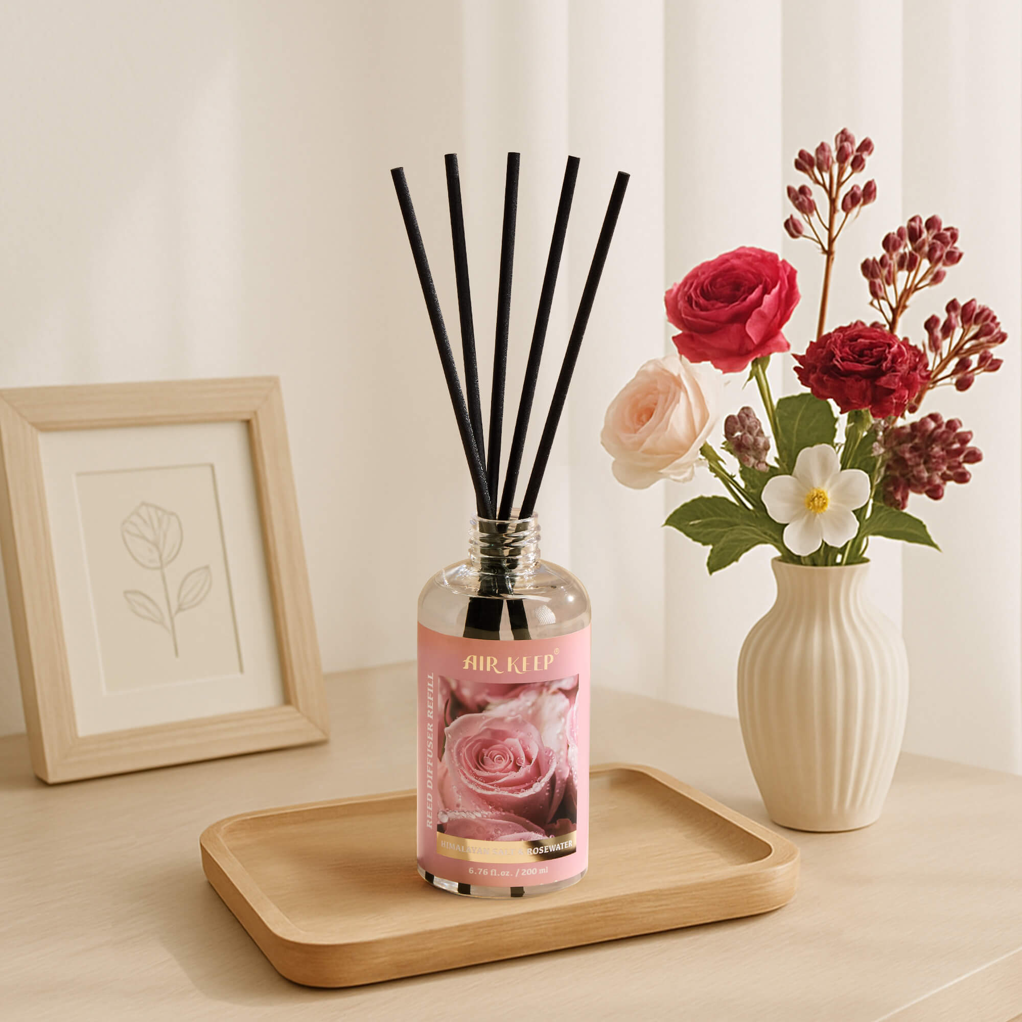 Airkeep Rose Water Reed Diffuser Oil Refill with Diffuser Sticks