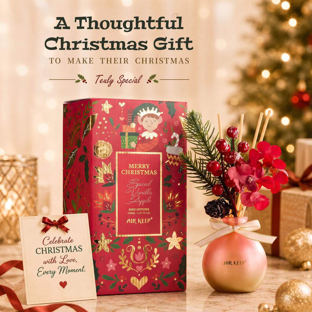 Airkeep Spice Vanilla Apple Christmas Round Bottle  150ml Reed Diffuser