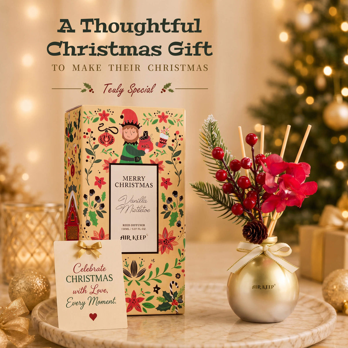 Airkeep Vanilla Mistletoe Christmas Round Bottle  150ml Reed Diffuser