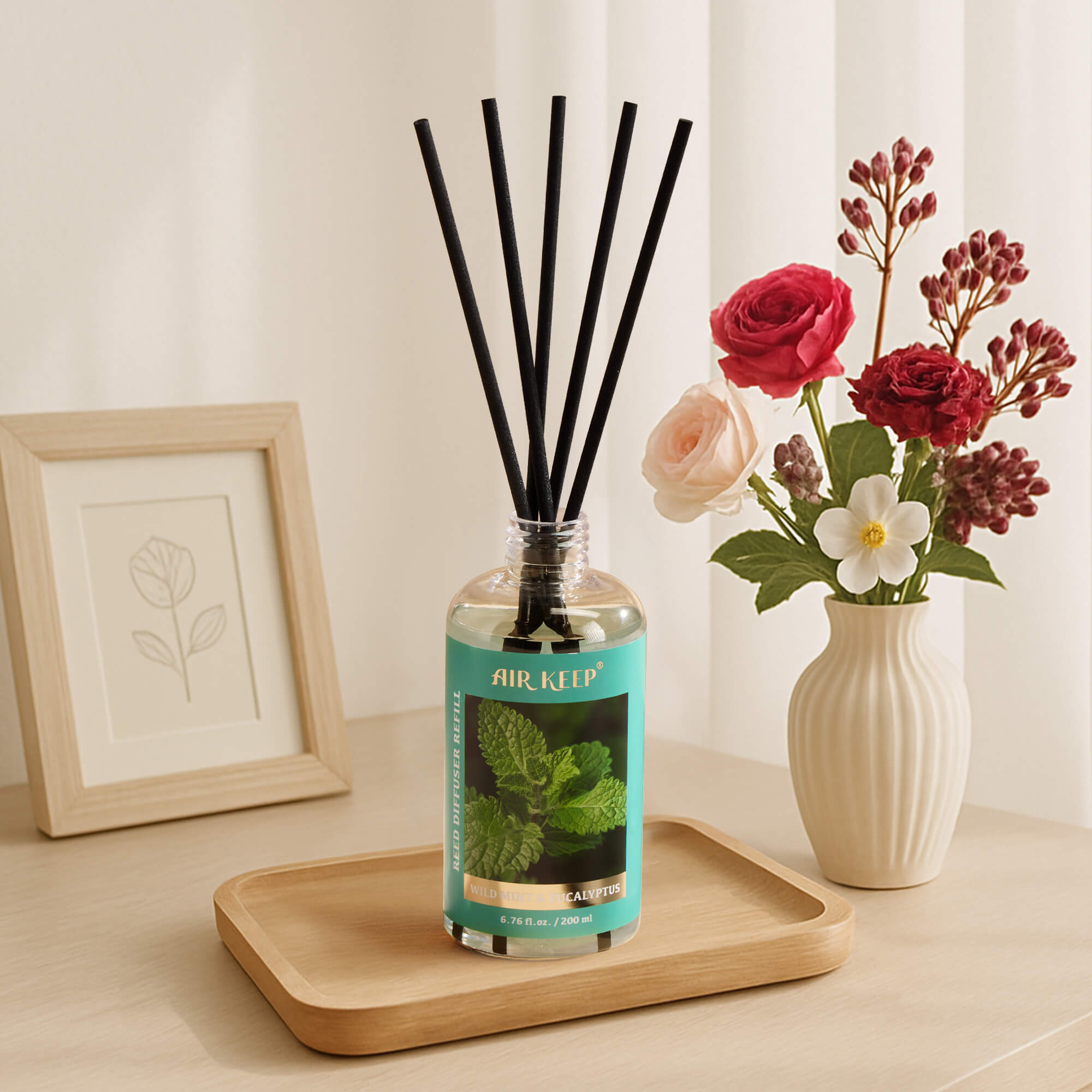 Airkeep Wild Mint&Eucalyptus Scented Oils Reed Diffuser Oil Refill with Diffuser Sticks